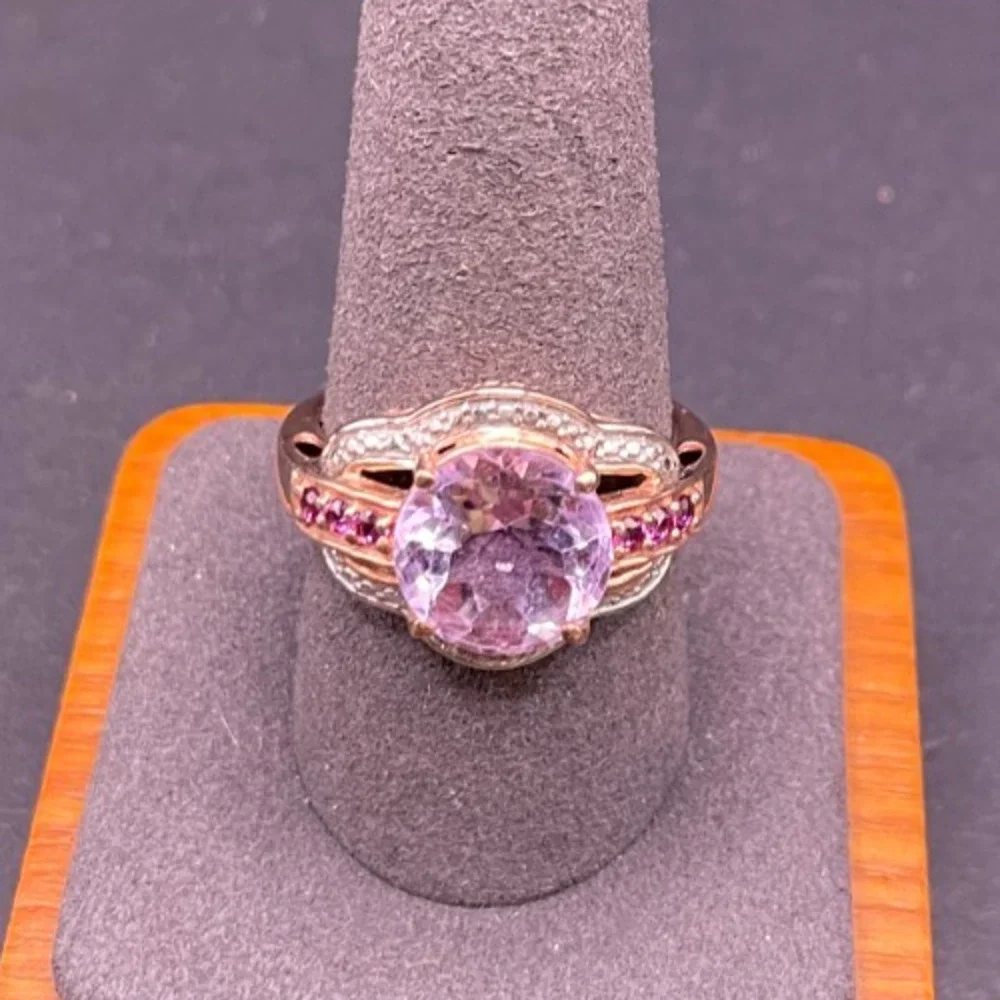 STS 925 Rose Gold Tone Sterling Silver Oval Amethyst Pink Tourmaline Ring Sz 10